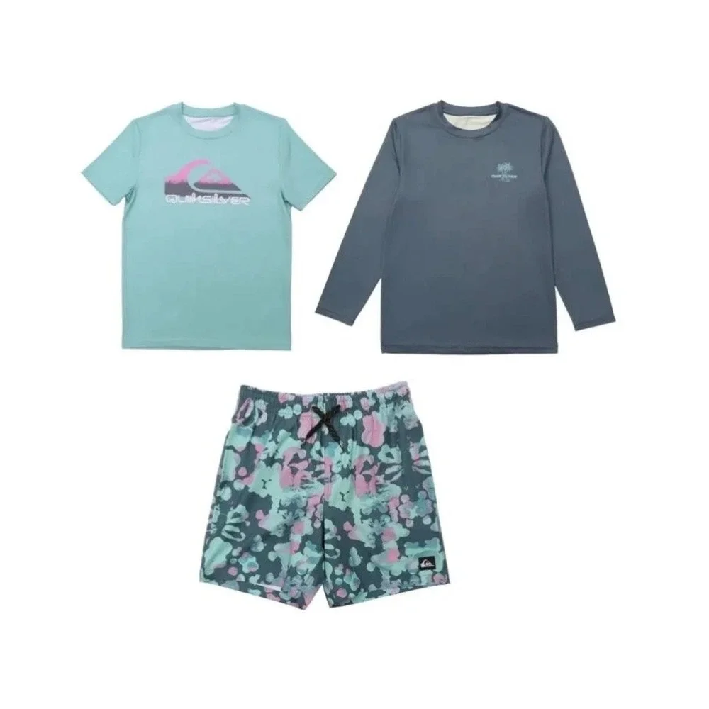 NWT Quiksilver Boys 3-Piece Swim Set‎ Rash Guards & Trunk Shorts UPF 50 Sz 7/8